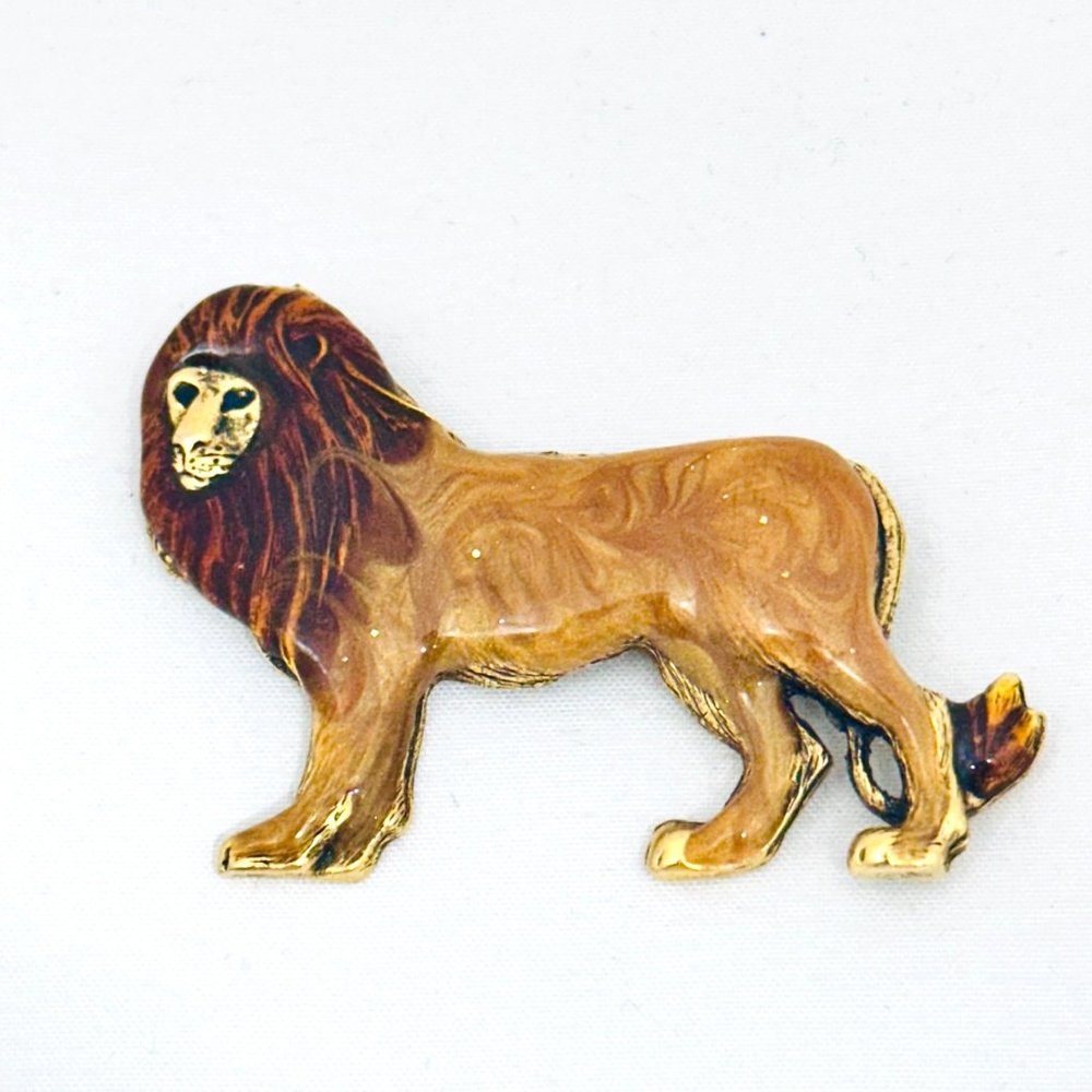 Unique Lion Brooch w/Metal Face Vintage